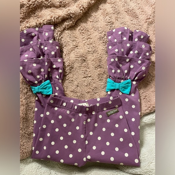 Matilda Jane Other - NWOT Matilda Jane Purple Polka Dot Leggings with Blue Bows and Ruffles